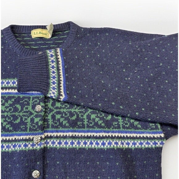 Vintage L.L.Bean Shetland Wool Cardigan XL Navy Fair Isle Button Front Hong Kong - Picture 3 of 5